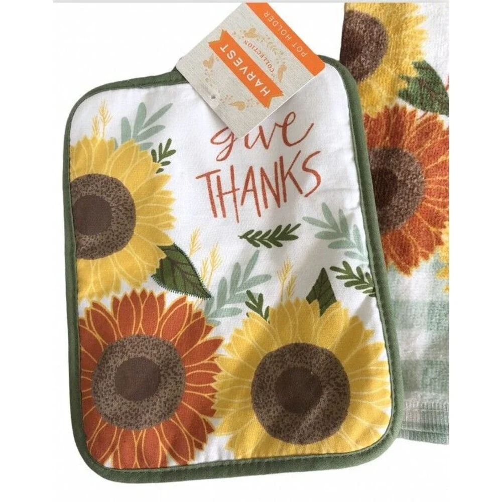 Thanksgiving Sunflowers Dish Towel Oven Mitt Potholder Give Thanks Set of 3